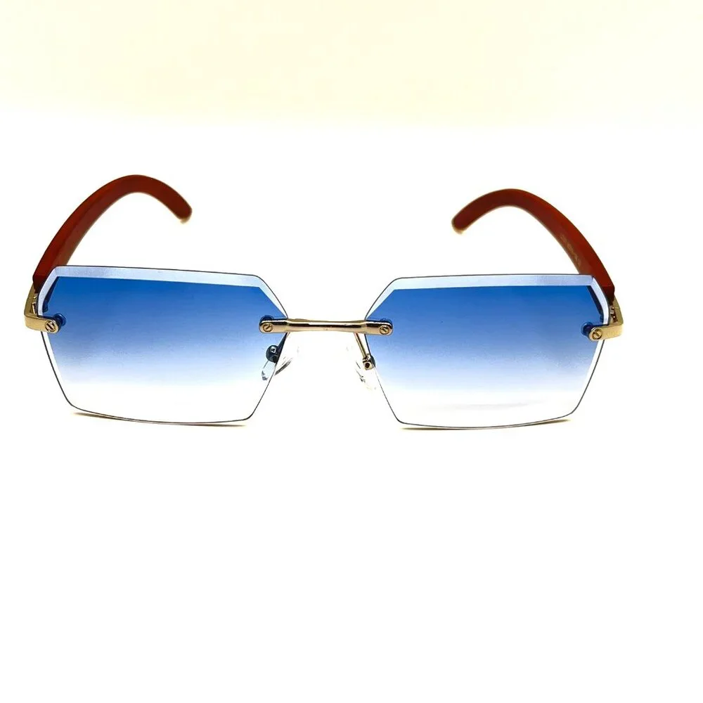 Men Sunglasses Hip Hop Gold Blue Lens Small Retro Designer Rimless Shades Lentes